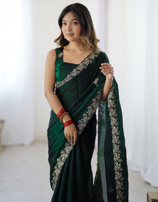 Satrani Embellished, Embroidered Bollywood Jimmy choo, Tissue Saree(Dark Green)