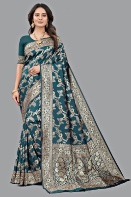 THE ETHNIC SAREE STUDIO Floral Print Kanjivaram Pure Silk Saree(Light Blue)