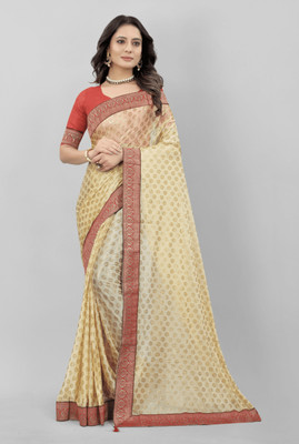 KRIYANS Self Design Leheria Lycra Blend Saree(Cream)