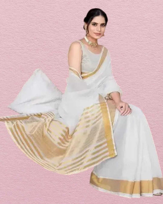 saanvi Solid/Plain Kasavu Cotton Blend Saree(White)