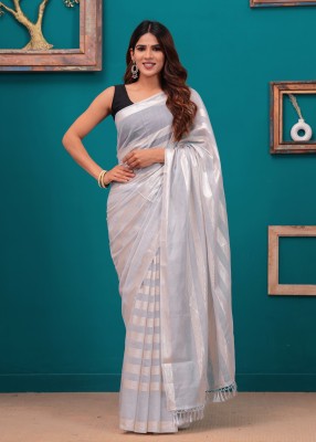 WRADAH Woven Chanderi Cotton Silk Saree(Grey)