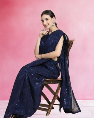 Jayu Digital Print, Dyed, Embroidered, Printed, Self Design, Striped Bollywood Georgette Saree(Dark Blue)