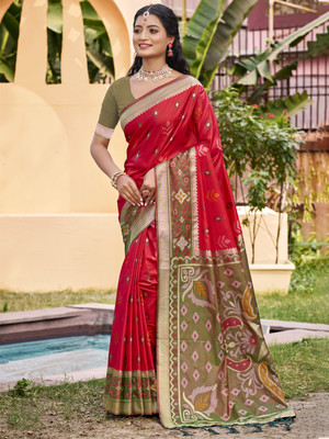 Sutriti Woven, Floral Print, Temple Border Pochampally Silk Blend Saree(Red)