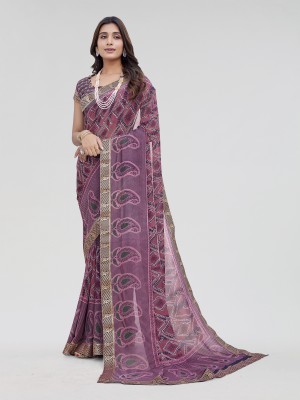 Priyashi Printed Bandhani Georgette, Lace Saree(Purple)