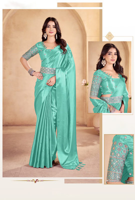 CELEUM Embroidered Bollywood Satin Saree(Light Blue)