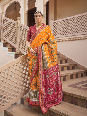 Elora Printed Patola Silk Blend Saree(Yellow)