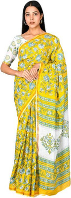 Tropwear Printed Ikkat Pure Cotton Saree(Yellow)