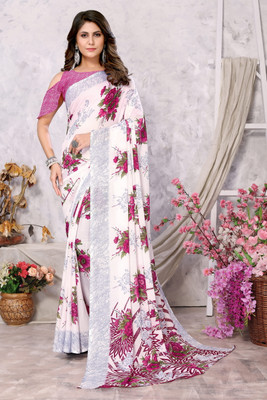 Priyashi Printed, Digital Print Bollywood Georgette Saree(Purple, White)