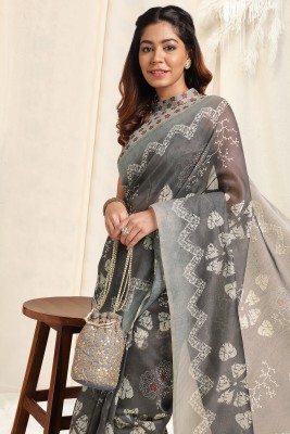 MIRCHI FASHION Printed, Blocked Printed Daily Wear Cotton Blend Saree(Grey, Cream)