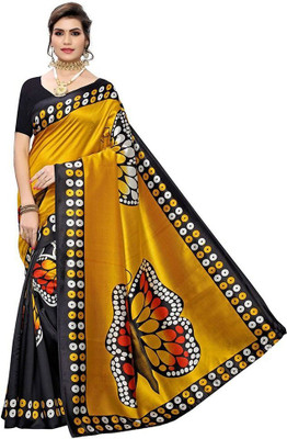 Grubstaker Printed Bollywood Art Silk Saree(Black, Yellow)