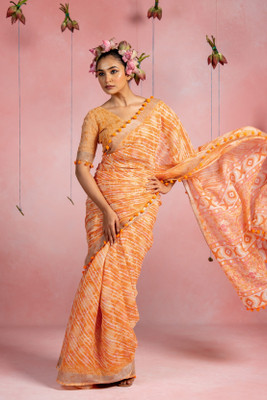 MIRCHI FASHION Printed, Striped Leheria Cotton Blend Saree(Orange, White)