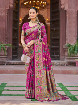 all about you Woven Bollywood Cotton Silk Saree(Pink)