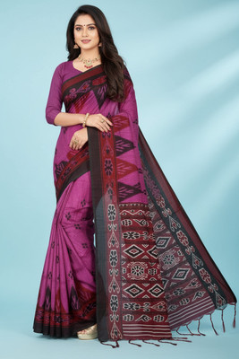 DUGGE FASHION Printed Sambalpuri Pure Cotton Saree(Black, Purple)