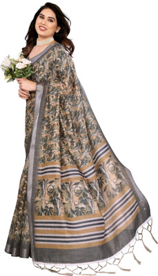 Myraani Floral Print Daily Wear Cotton Linen Saree(Grey)