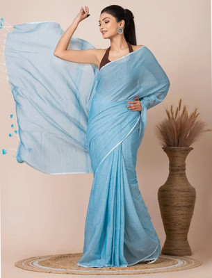 Kumaresh Creation Solid/Plain Tant Pure Cotton Saree(Blue)