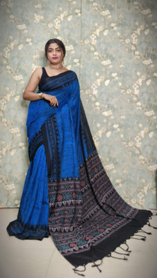 maadurga Printed Sambalpuri Cotton Blend Saree(Blue)