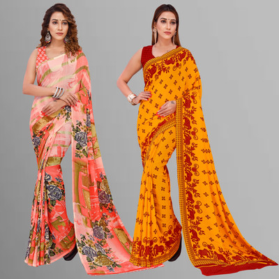 Anand Sarees Floral Print Daily Wear Georgette Saree(Pack of 2, Pink, Multicolor)