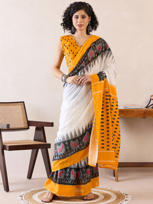 Divastri Printed Ikkat Cotton Blend Saree(White)