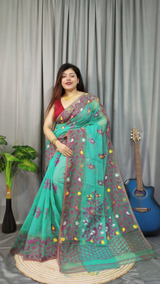 Rnn Saree Embroidered Jamdani Cotton Silk Saree(Light Blue)