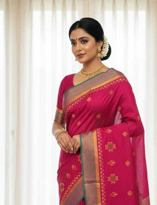 LIMRA Embroidered Handloom Cotton Blend Saree(Pink)