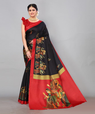 Nirvaan Self Design, Woven, Temple Border Kalamkari Art Silk Saree(Black)