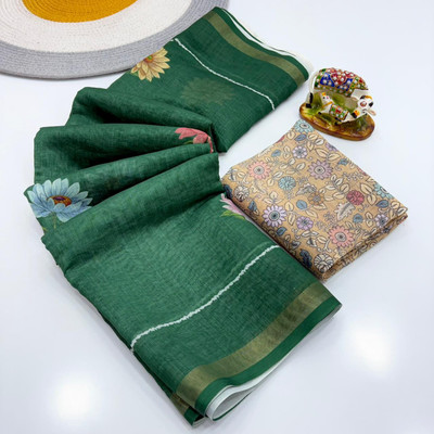 Arya tex Floral Print, Digital Print Pochampally Linen Saree(Green)