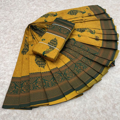 PRANJAL ART Printed Banarasi Jacquard, Art Silk Saree(Gold, Green)