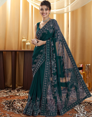Samah Embellished, Self Design Bollywood Georgette Saree(Dark Green)