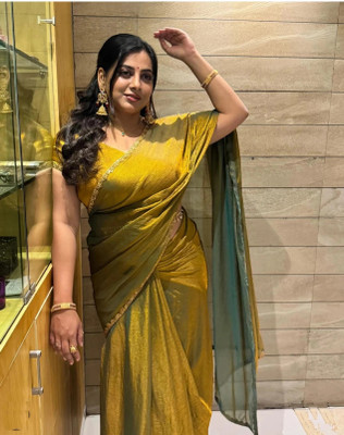KanjiQueen Solid/Plain, Embellished Daily Wear Pure Silk, Jimmy choo Saree(Yellow, Light Green)