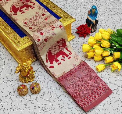 WILLMAKE Printed, Applique, Embellished, Floral Print, Woven Bollywood Georgette Saree(Cream, Red)