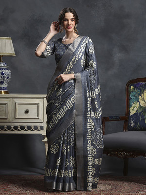 Anouk Rustic Printed Chinnalapattu Silk Blend Saree(Grey)