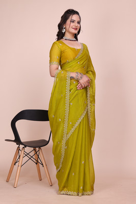 saanvi Solid/Plain, Self Design, Embroidered Bollywood Jimmy choo, Chiffon Saree(Yellow)