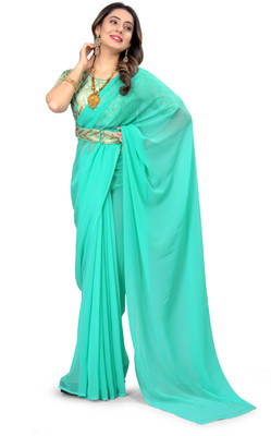 DRIZOMIZ Solid/Plain Bollywood Georgette Saree(Light Blue)