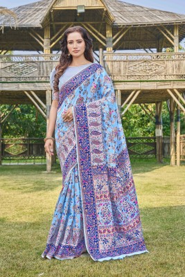 Divastri Striped, Embellished, Floral Print Banarasi Silk Blend, Pure Silk Saree(Blue)