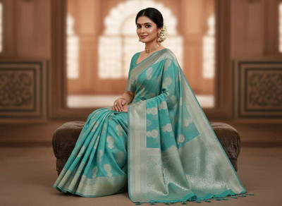 baba creation Woven, Self Design, Floral Print Banarasi Art Silk Saree(Pink, Green, Yellow, Light Blue)