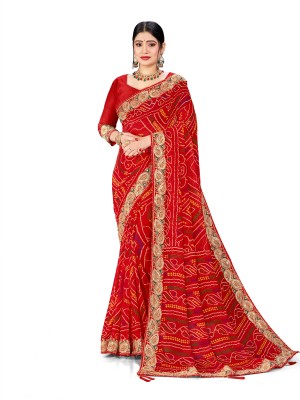 TINA FASHION Printed Bandhani Georgette Saree(Red, White)