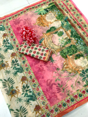 kesarsilkmills Printed, Animal Print, Floral Print Kanjivaram Pure Cotton, Cotton Linen Saree(Multicolor)