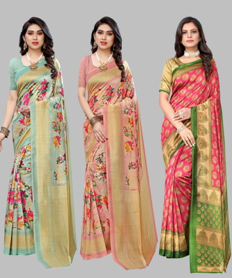 Priyashi Printed, Floral Print Mysore Art Silk Saree(Pack of 3, Multicolor)