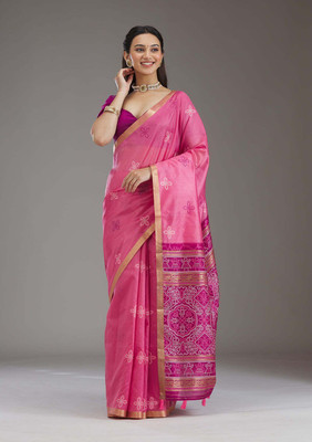 Soor Panchi Floral Print Assam Silk Chanderi Saree(Pink)
