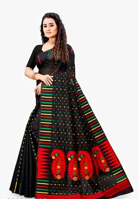 Shyamali Boutique Self Design, Embroidered, Floral Print Jamdani Cotton Blend Saree(Black)