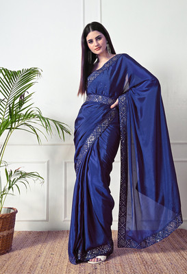 Pionex Solid/Plain Bollywood Chiffon, Silk Blend Saree(Dark Blue)