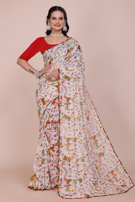 Yugaveeraa Printed Daily Wear Georgette Saree(White)