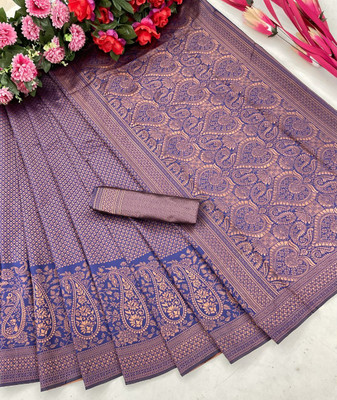 KHANJAN FASHION Graphic Print, Self Design, Woven Assam Silk Silk Blend, Jacquard Saree(Dark Blue)