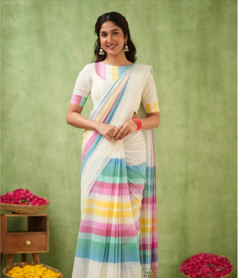 SMRITI BOUTIQUE Solid/Plain Handloom Handloom Pure Cotton Saree(White, Multicolor)