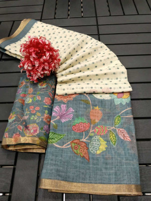 ASHTA Printed Kanjivaram Pure Cotton, Cotton Linen Saree(Blue)