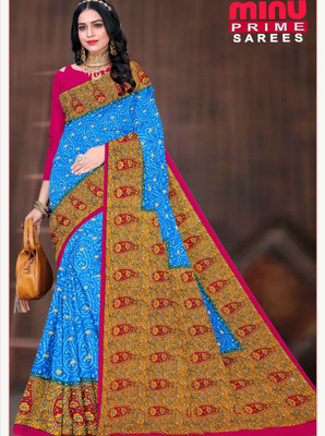 Minu Fashion Woven, Printed Bollywood Pure Cotton Saree(Light Blue, Yellow)