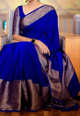 samruddhi Woven Kanjivaram Pure Silk Saree(Blue, Silver)