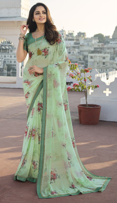 MEETVIN COUTURE Printed, Digital Print, Graphic Print, Floral Print, Self Design Daily Wear Chiffon, Georgette Saree(Light Green)