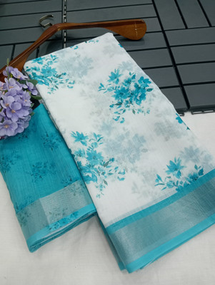 ASHTA Floral Print Kanjivaram Linen Saree(Light Green)
