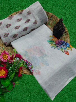 VISHNU Printed Kanjivaram Linen, Cotton Linen Saree(White)